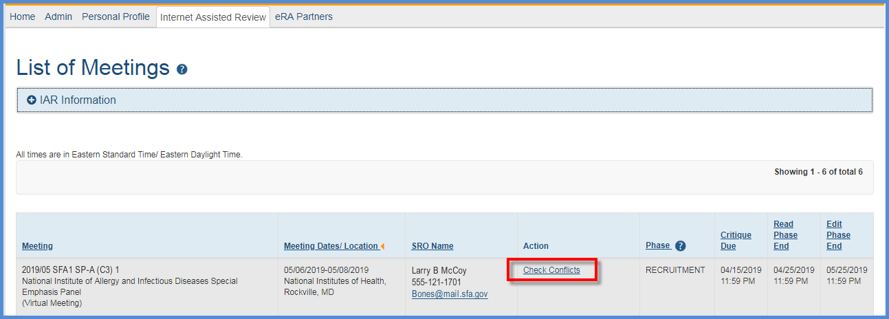 The link to the Check Conflicts on the List of Meetings screen in IAR 