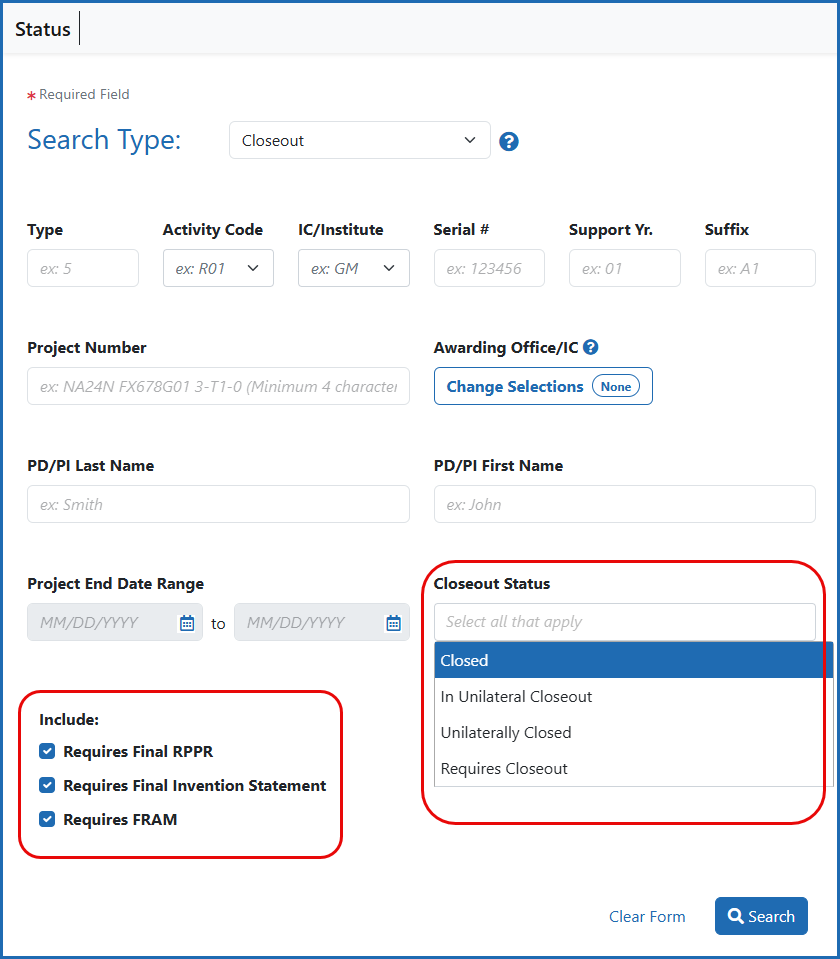 Signing official’s Closeout search screen, showing filter options