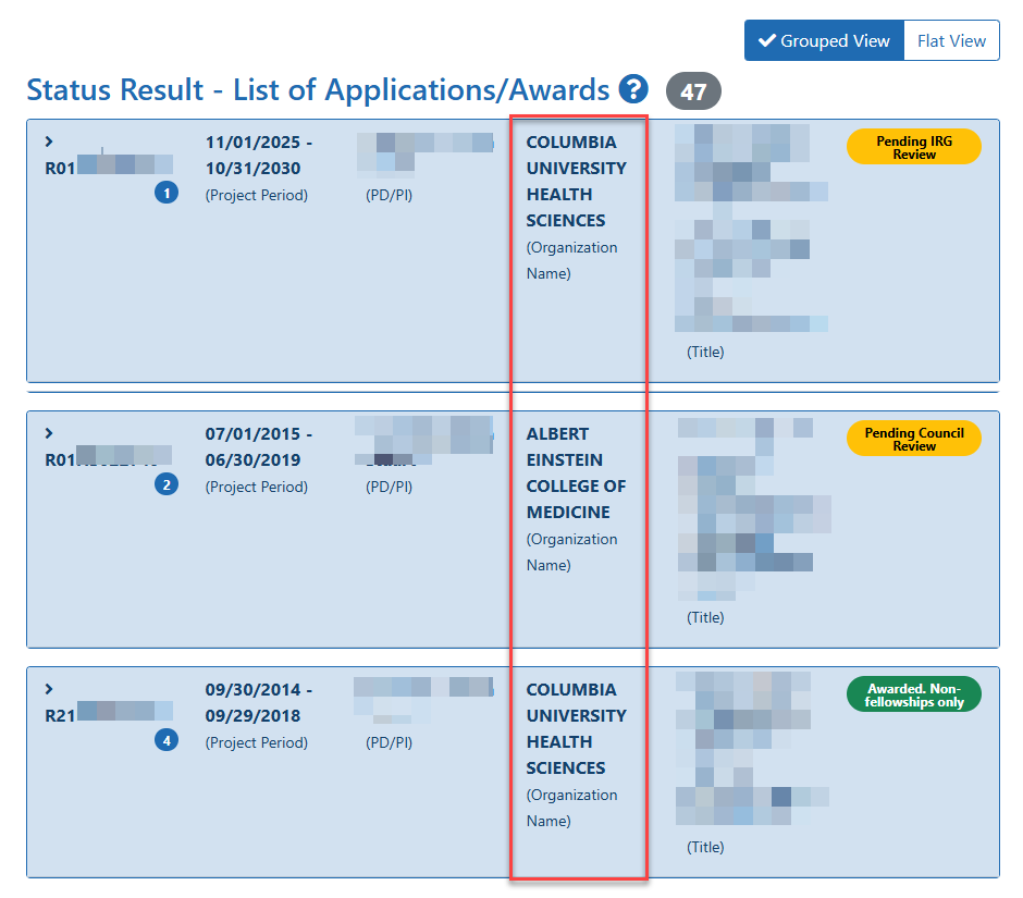 The Grouped View of the Status Result – List of Applications/Awards with additional Organization name information