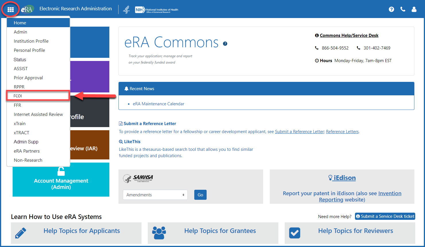 Figure 1: Accessing FCOI from the apps icon drop-down menu