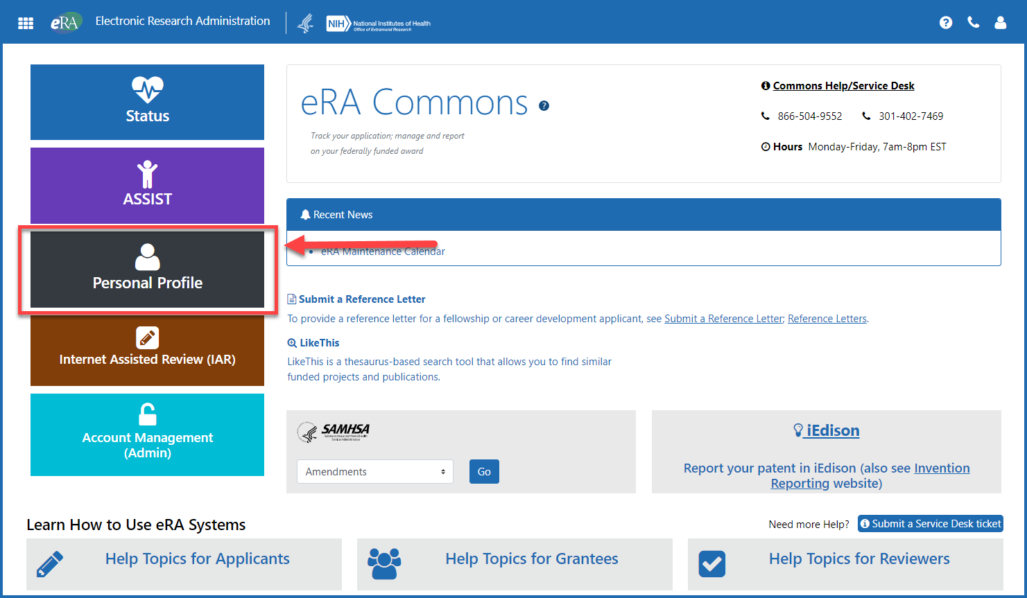 Navigating to your Personal Profile after accessing eRA Commons