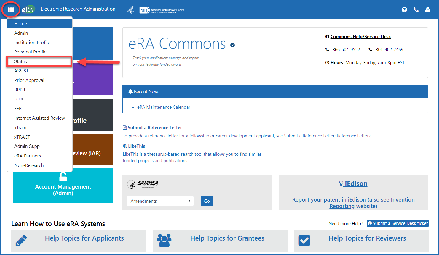 Figure 2: Accessing Status from the apps icon drop-down menu