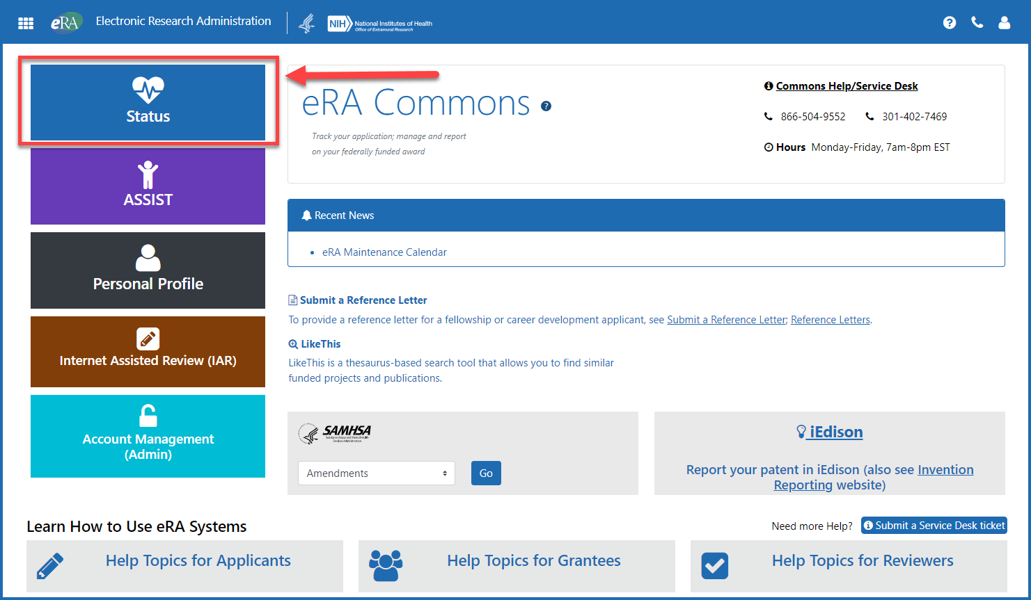 eRA Commons Landing page show Status button. 