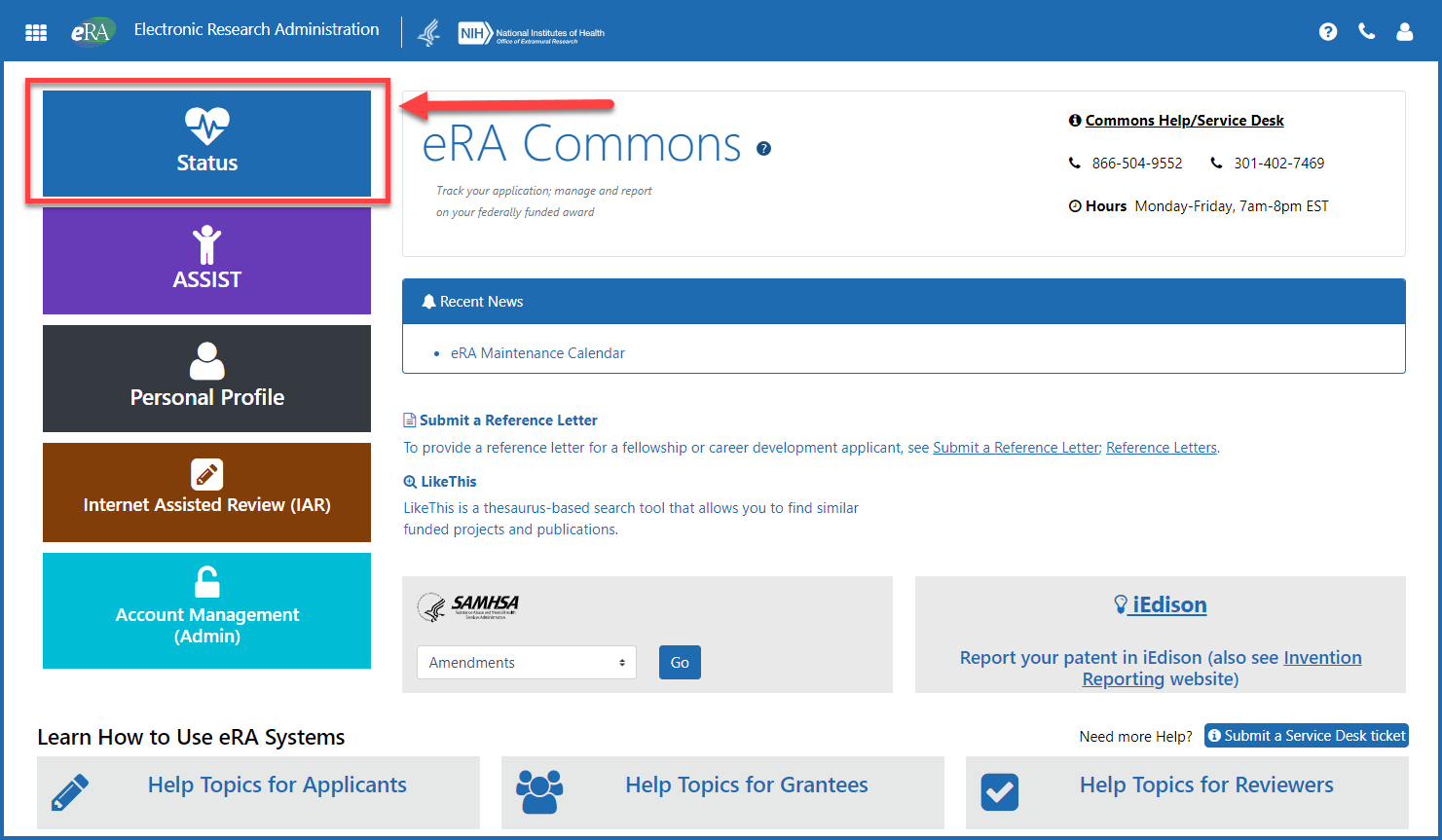 Status navigation button after logging into eRA Commons