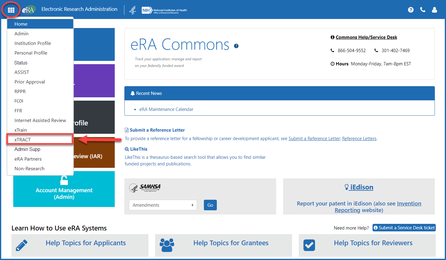 Figure 1: eRA Commons xTRACT option from the apps icon menu