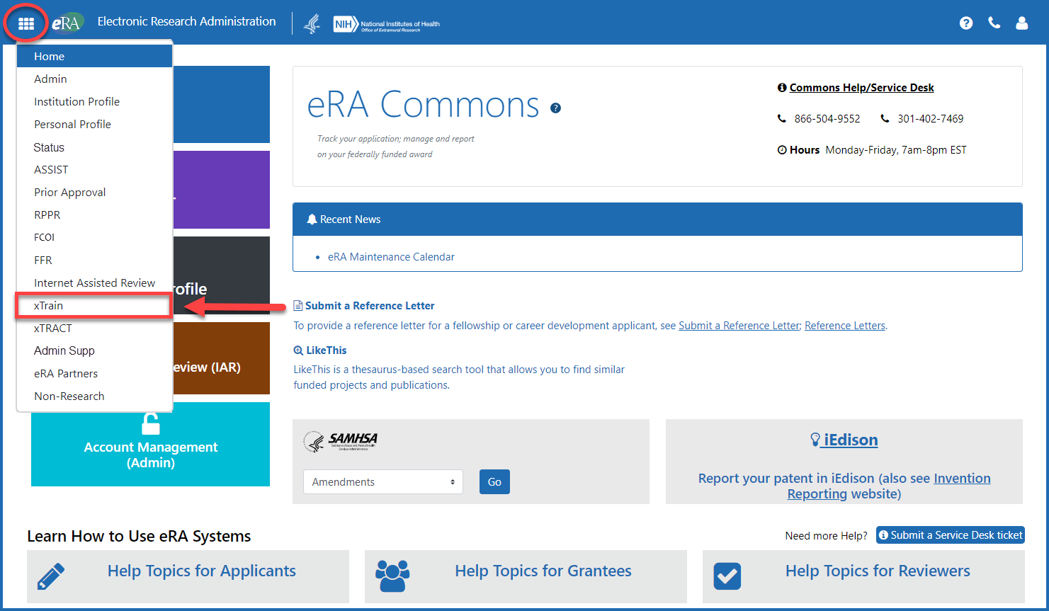 Figure 1: eRA Commons xTrain option from the apps icon menu