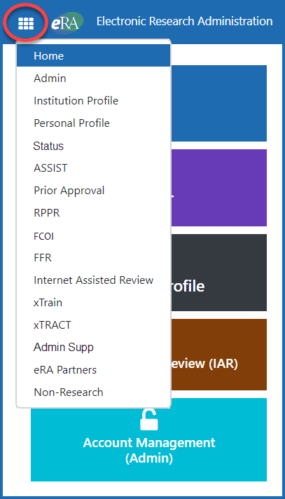 The eRA Commons apps icon menu