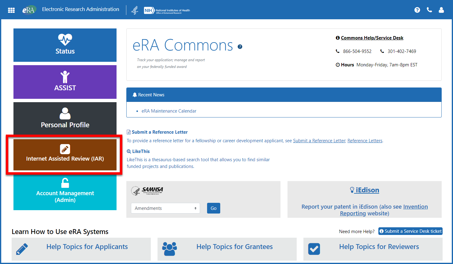 The eRA Commons landing screen highlighting the new IAR button