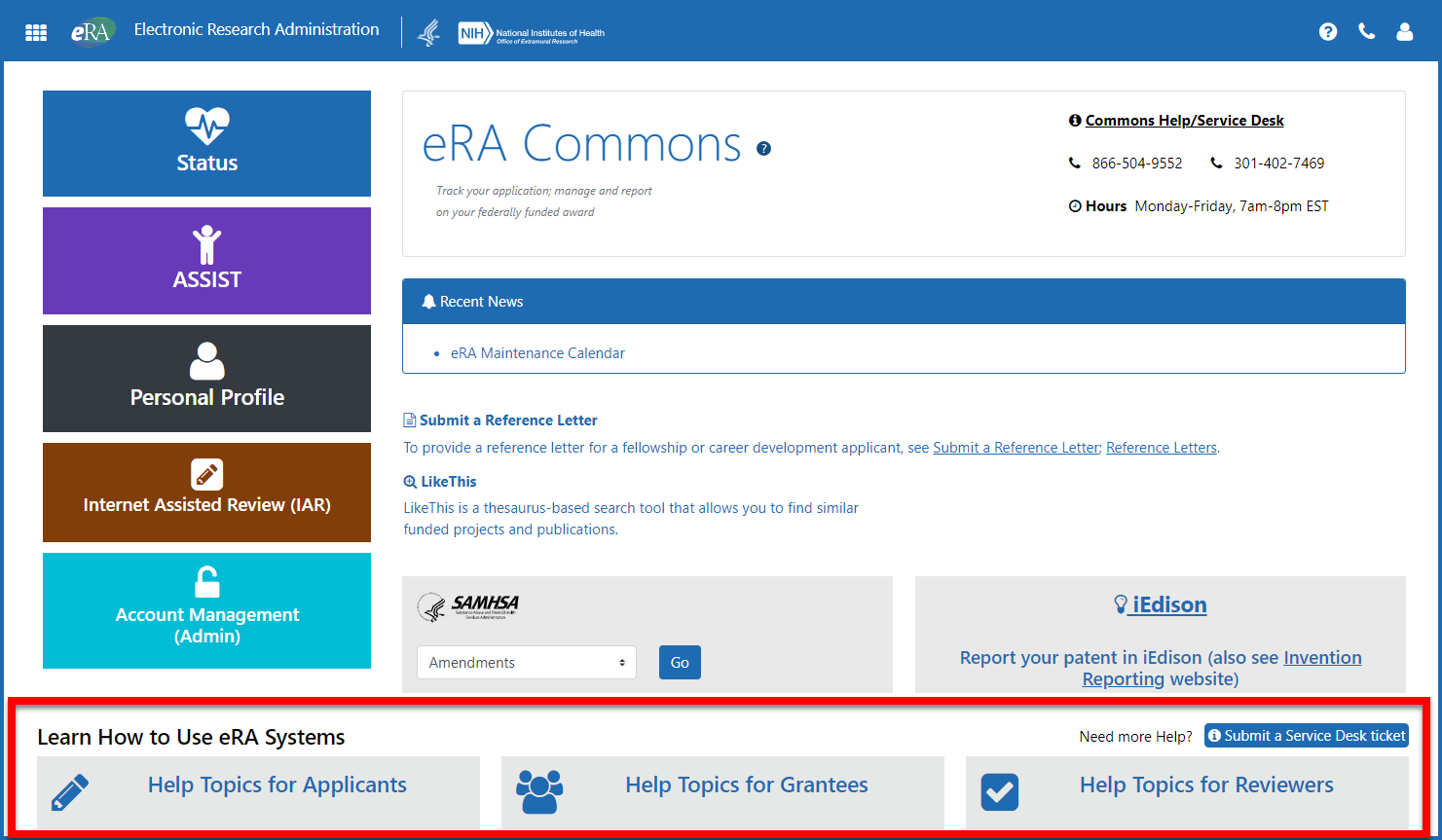 The eRA Commons landing screen highlighting the redesigned navigation buttons to access content specific informational web pages