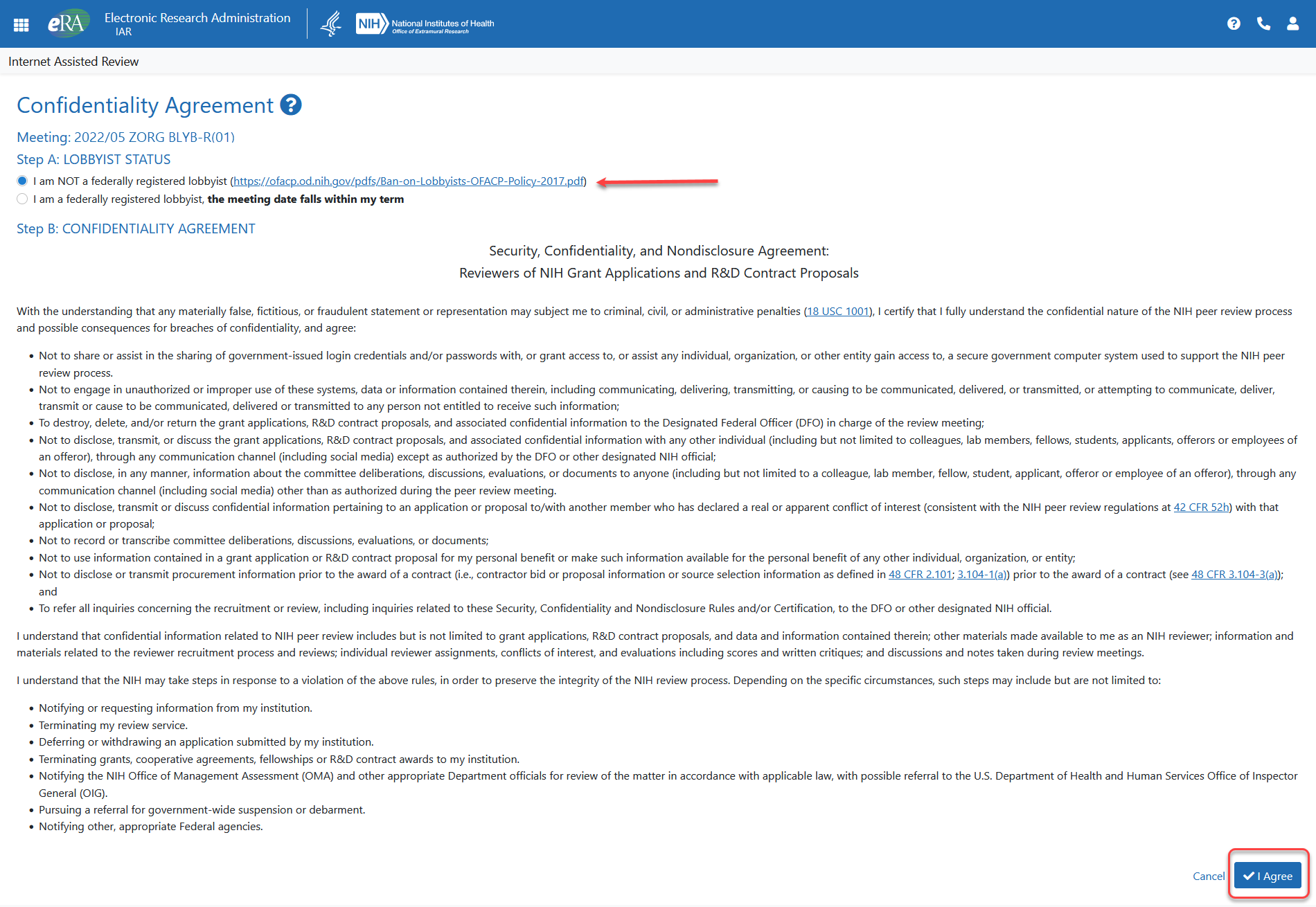 The Confidentiality Statement screen with radio button checked to indicate the reviewer is not a federally registered lobbyist.
