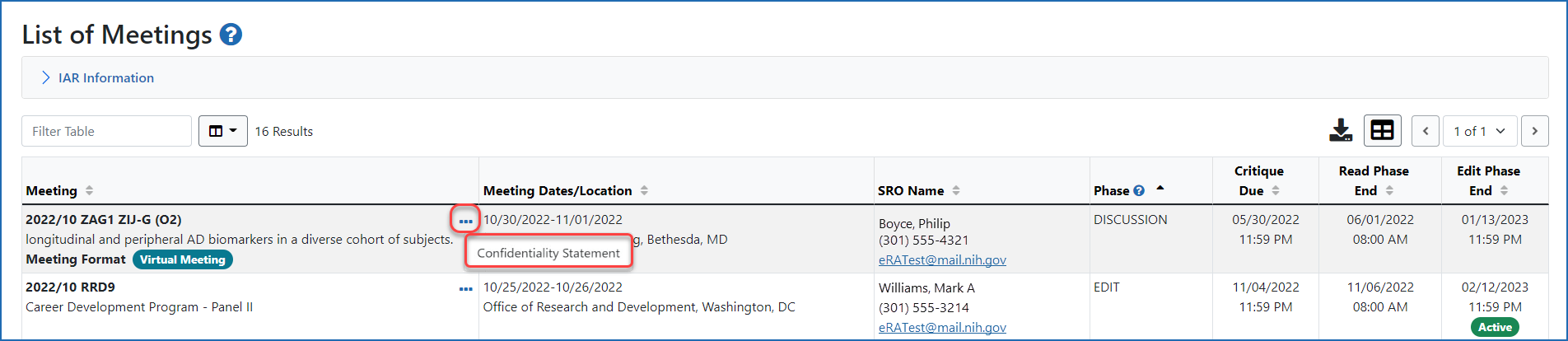 The Confidentiality Statement link accessed by clicking the three-dot ellipses icon in the Meeting column of the List of Meetings screen.