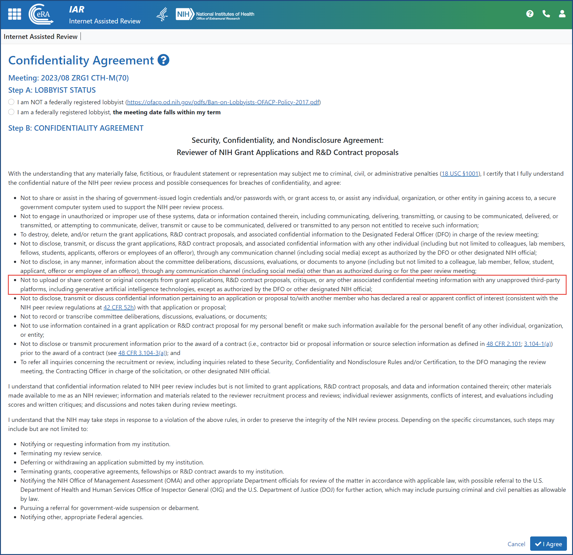 Figure 1: Revised language of Confidentiality Statement in IAR, displaying the new sentence prohibiting use of generative AI in the peer review process