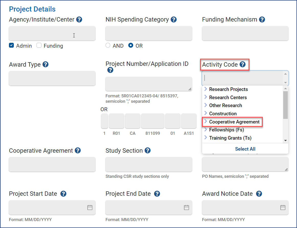 Figure 2 — Select individual Cooperative Agreement activity codes by clicking the arrow next to Cooperative Agreement and selecting an activity code from the dropdown menu or selecting all by clicking on Cooperative Agreement.