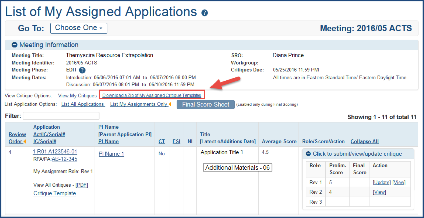  The ‘Download a Zip of My Assigned Critique Templates’ link on the List of My Assigned Applications screen in IAR