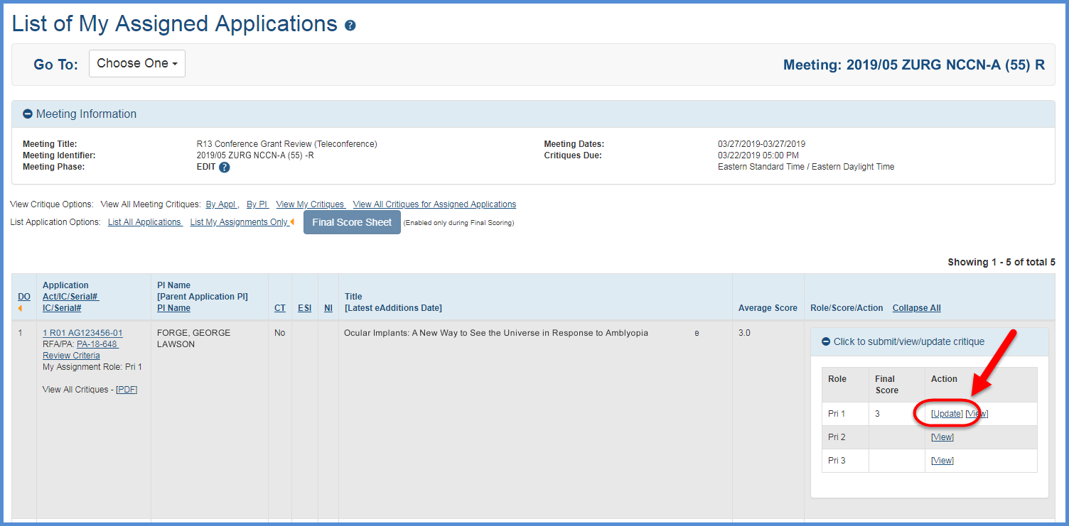 The Update link can be found in the Action column on the List of My Assigned Applications screen during the edit phase