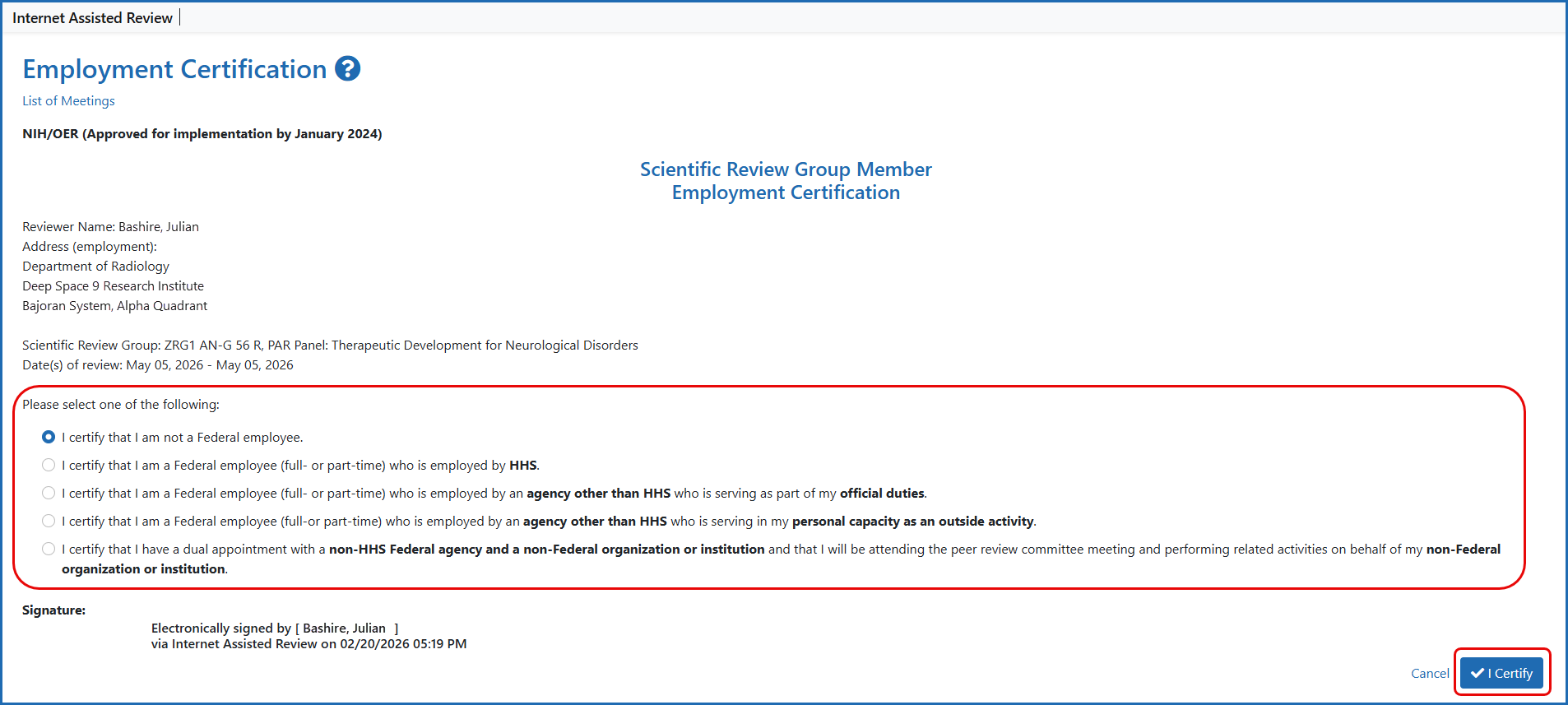 The Employment Certification screen with a radio button checked to indicate the reviewer is a non-HHS federal employee serving in official duty capacity.
