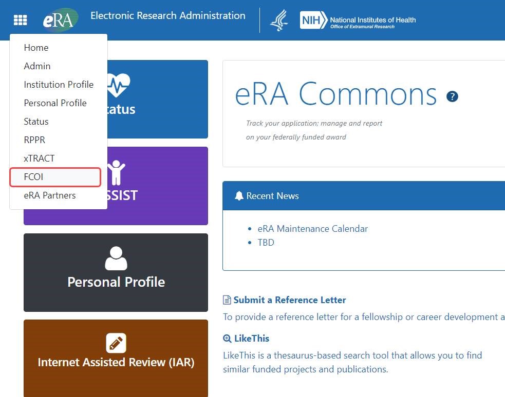 The FCOI link in the eRA Commons apps menu 