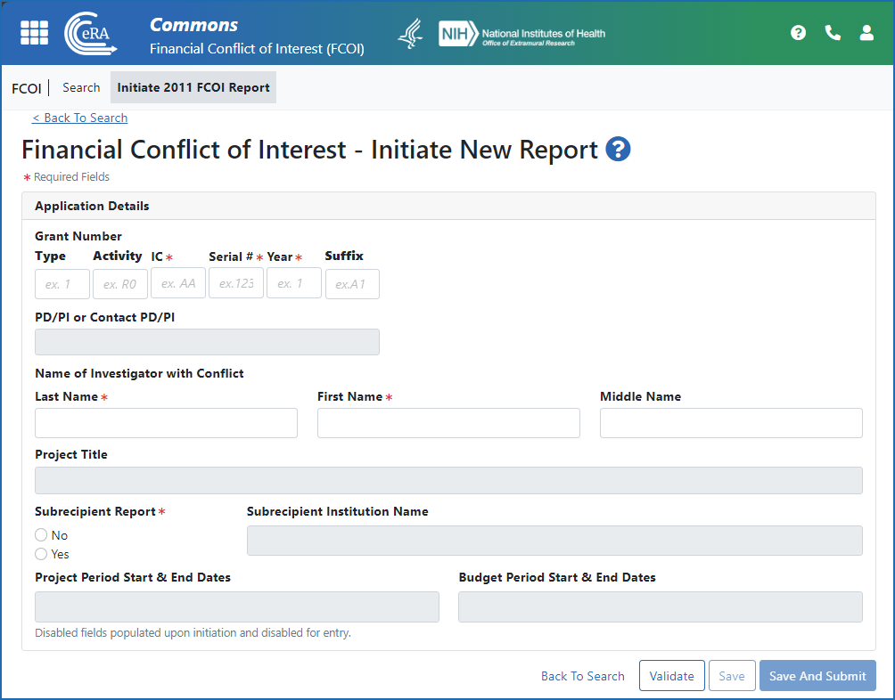 Figure 2: The FCOI Initiate New Report screen