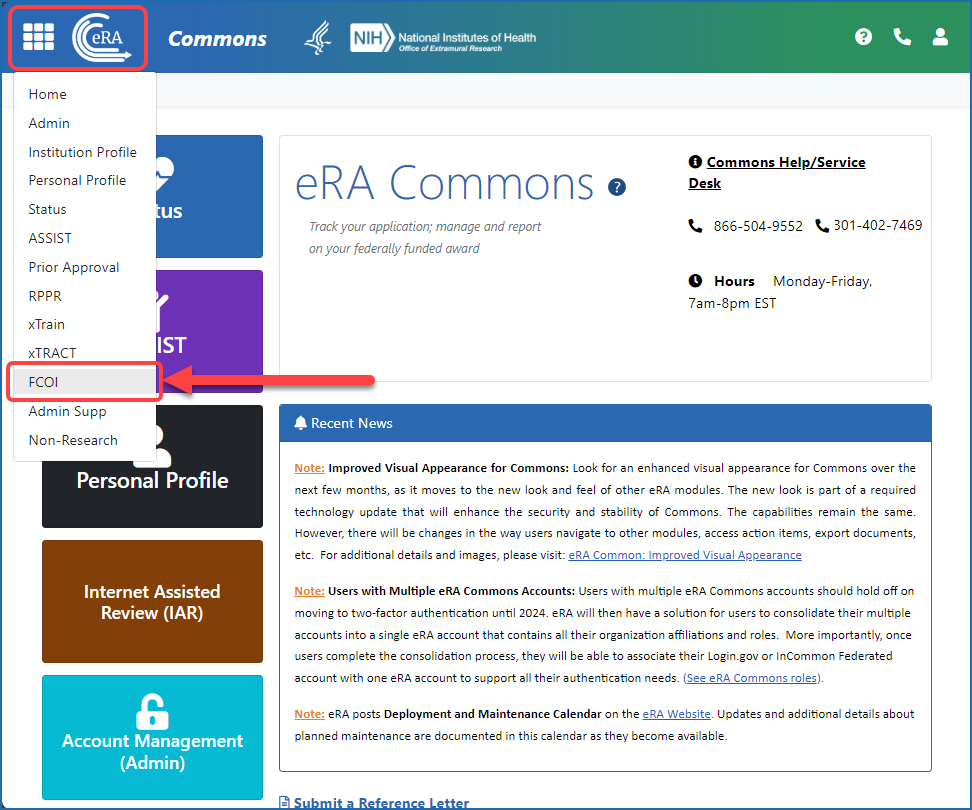 Figure 1: The FCOI option in the eRA Commons Main menu