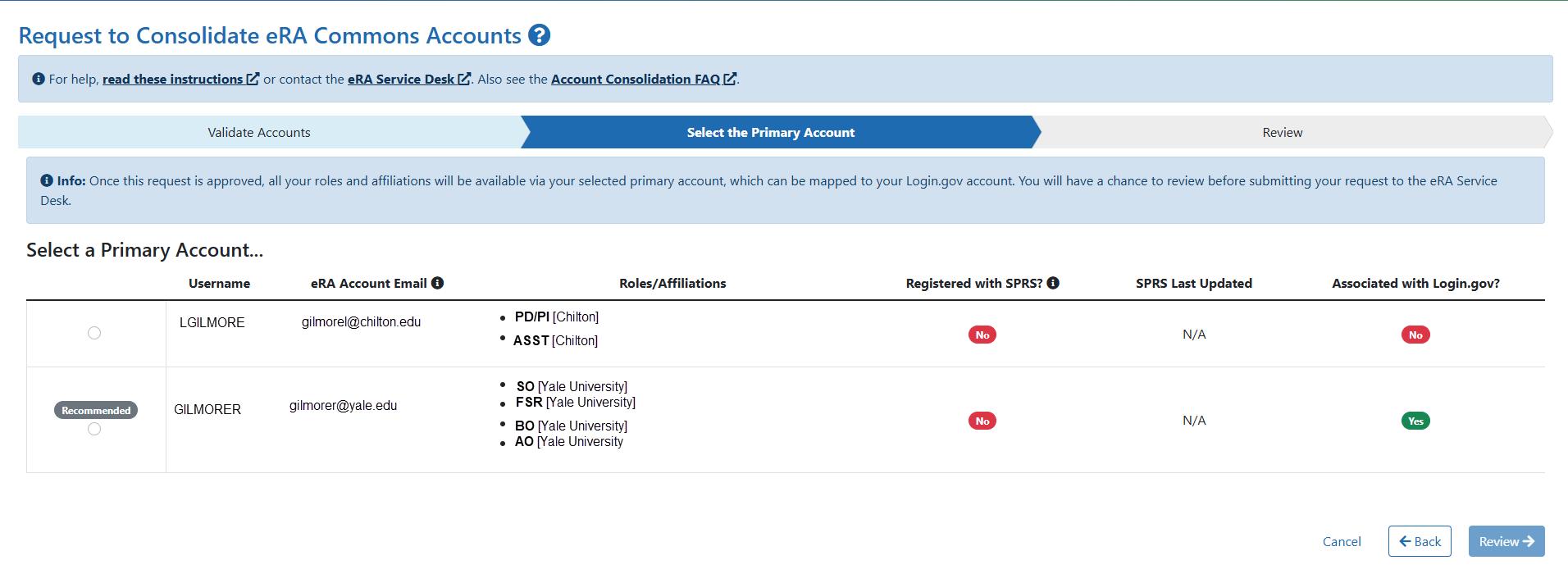 Request to Consolidate eRA Commons Accounts Selection Screen