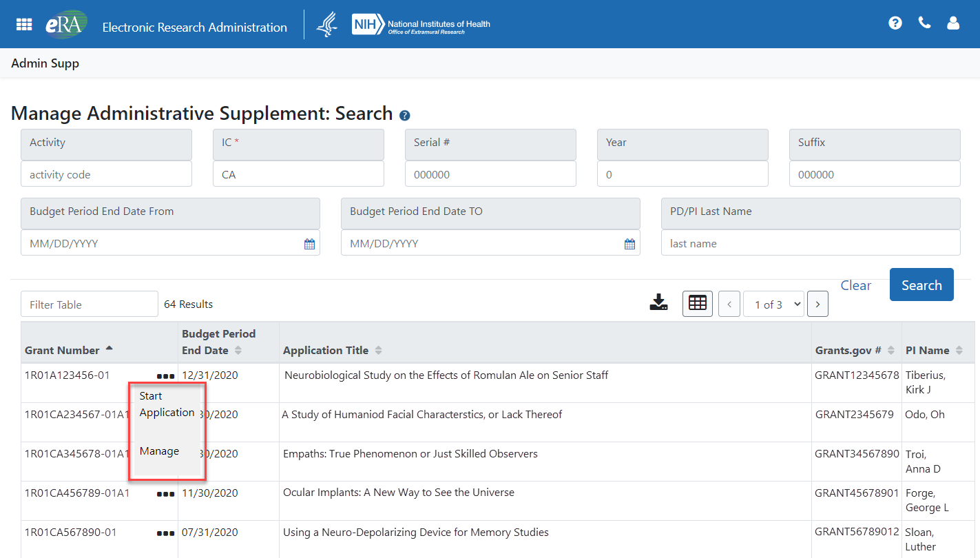 Figure 2: New Manage Administrative Supplement: Search Screen in eRA Commons