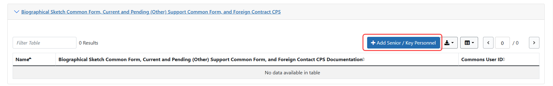 Expanded Biographical Sketch Common Form, Current and Pending (Other) Support Common Form, and Foreign Contract CPS section in JIT where the Add Senior/Key Personnel button is located.