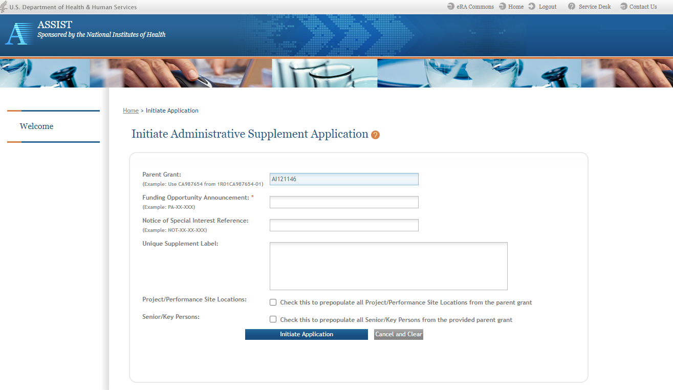 Figure 4: Initiate Administrative Supplement Application screen in ASSIST