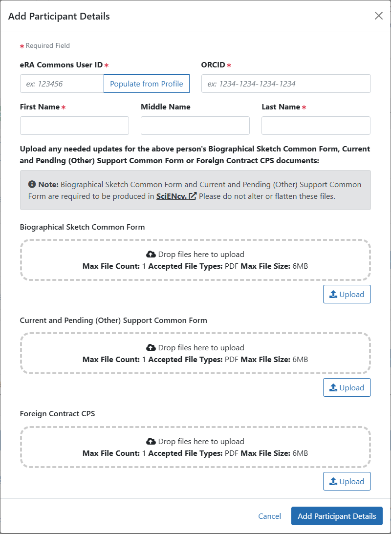 Add Participant Details modal where Senior/Key Personnel details are added including the eRA Commons User ID, ORCID, Name and Common Form PDFs.