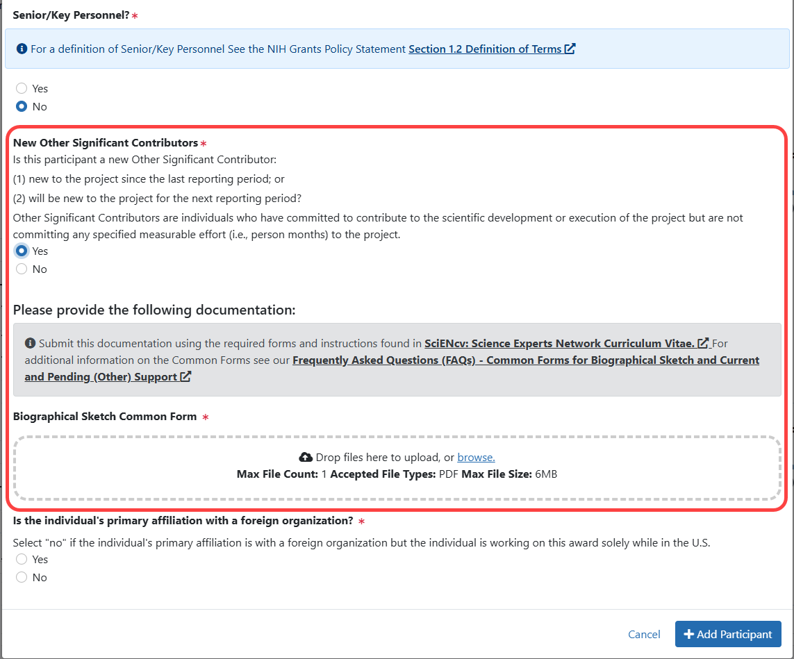 Participant Modal when the participant is selected as not Senior/Key Personnel and is a New Other Significant Contributor (previously, Question D.2.d).