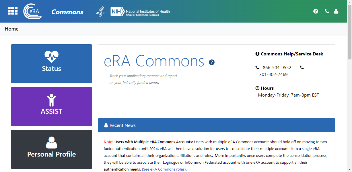 Figure 1: eRA Commons landing page showing new banner at top