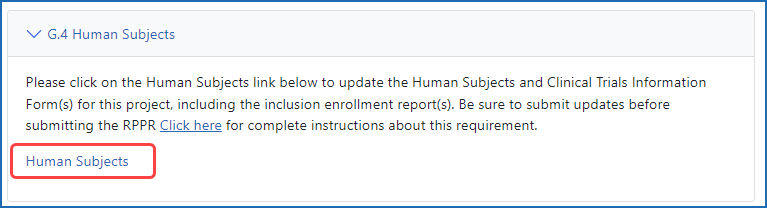 Figure 3: Section G.4 of the RPPR showing the Human Subjects link