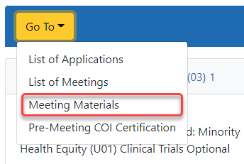 The Meeting Materials link is accessible as a quick link from the drop-down global navigation menu from several IAR screens