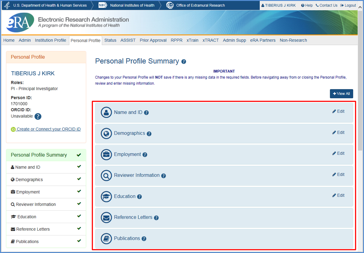 Personal Profile (PPF) screen, showing information categories