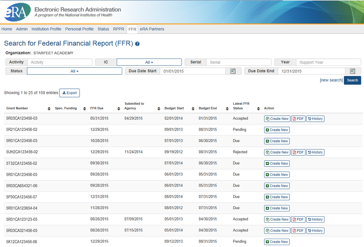 Search for Final Financial Report (FFR) search results screen