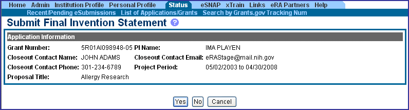 Submit Final Invention Statement, submission screen