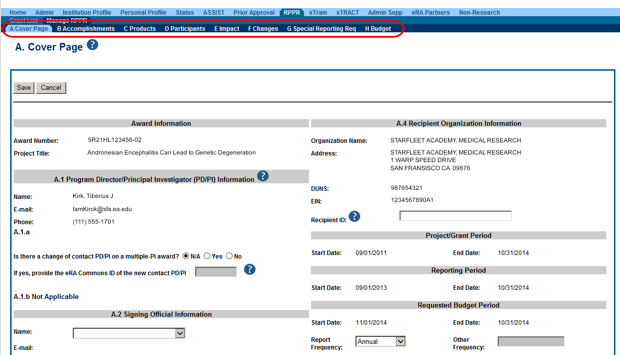 The Annual RPPR form and navigation tabs