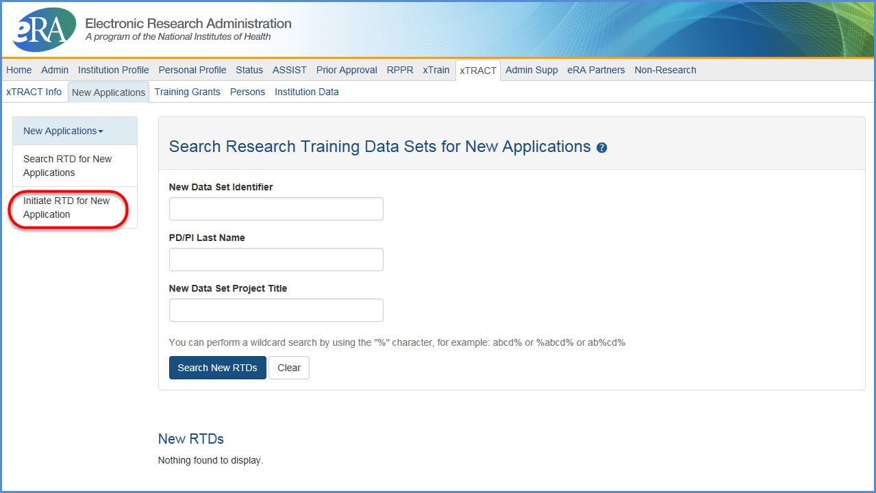Initiate Research Training Dataset (RTD) for New Applications screen
