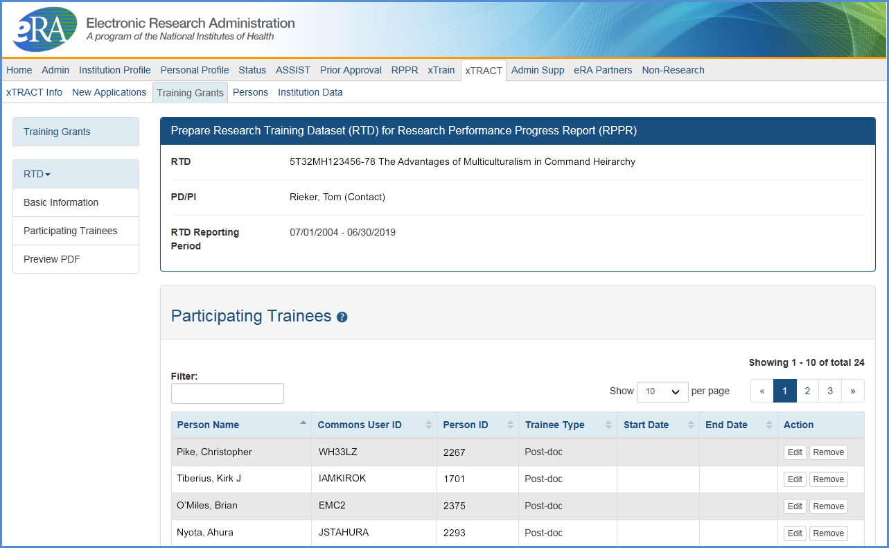 Prepare RTD for RPPR screen showing Participating Trainee section