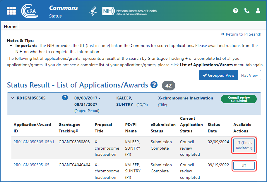Figure 2: Principal investigator view of JIT link in award list