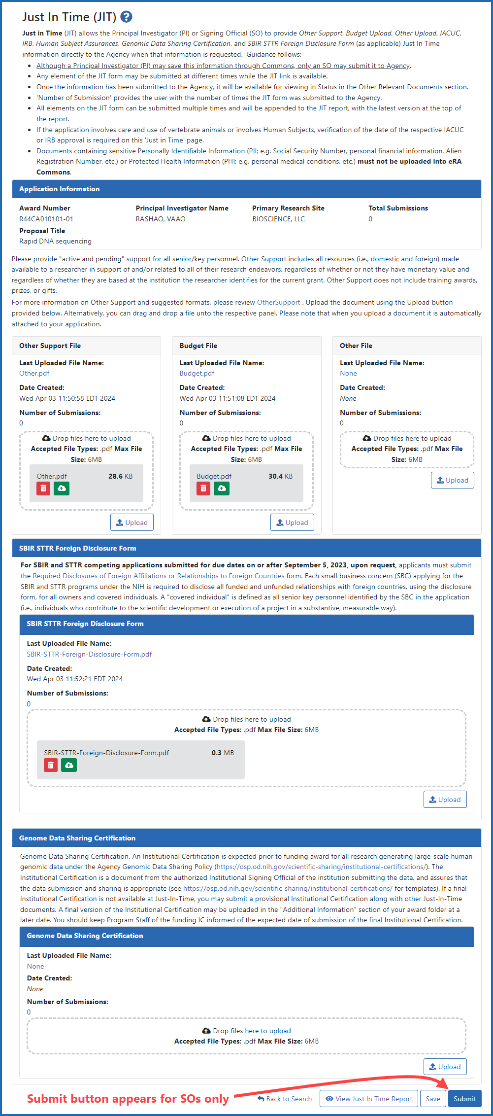 Figure 2: The Just-in-Time submission form, showing sections for the various categories of requested uploads