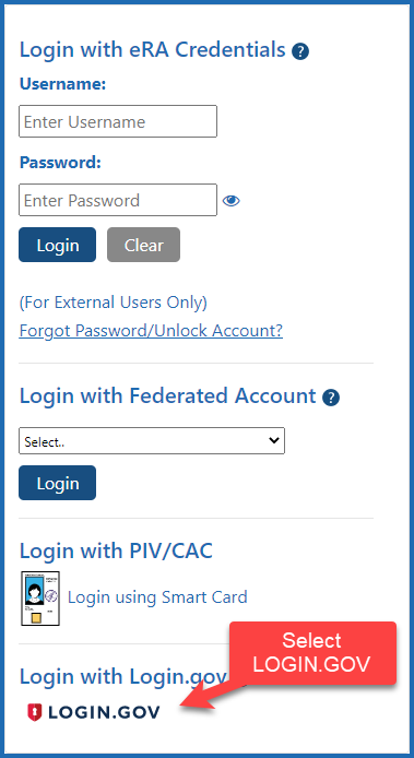 Figure 1: Select the login.gov option from the eRA Commons login screen