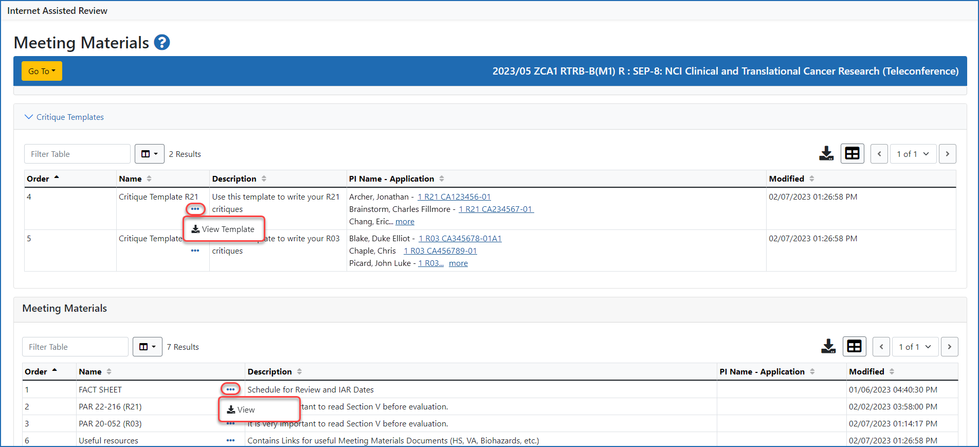 View Template and View links access from the three-dot ellipses icons on the Meeting Materials screen in IAR