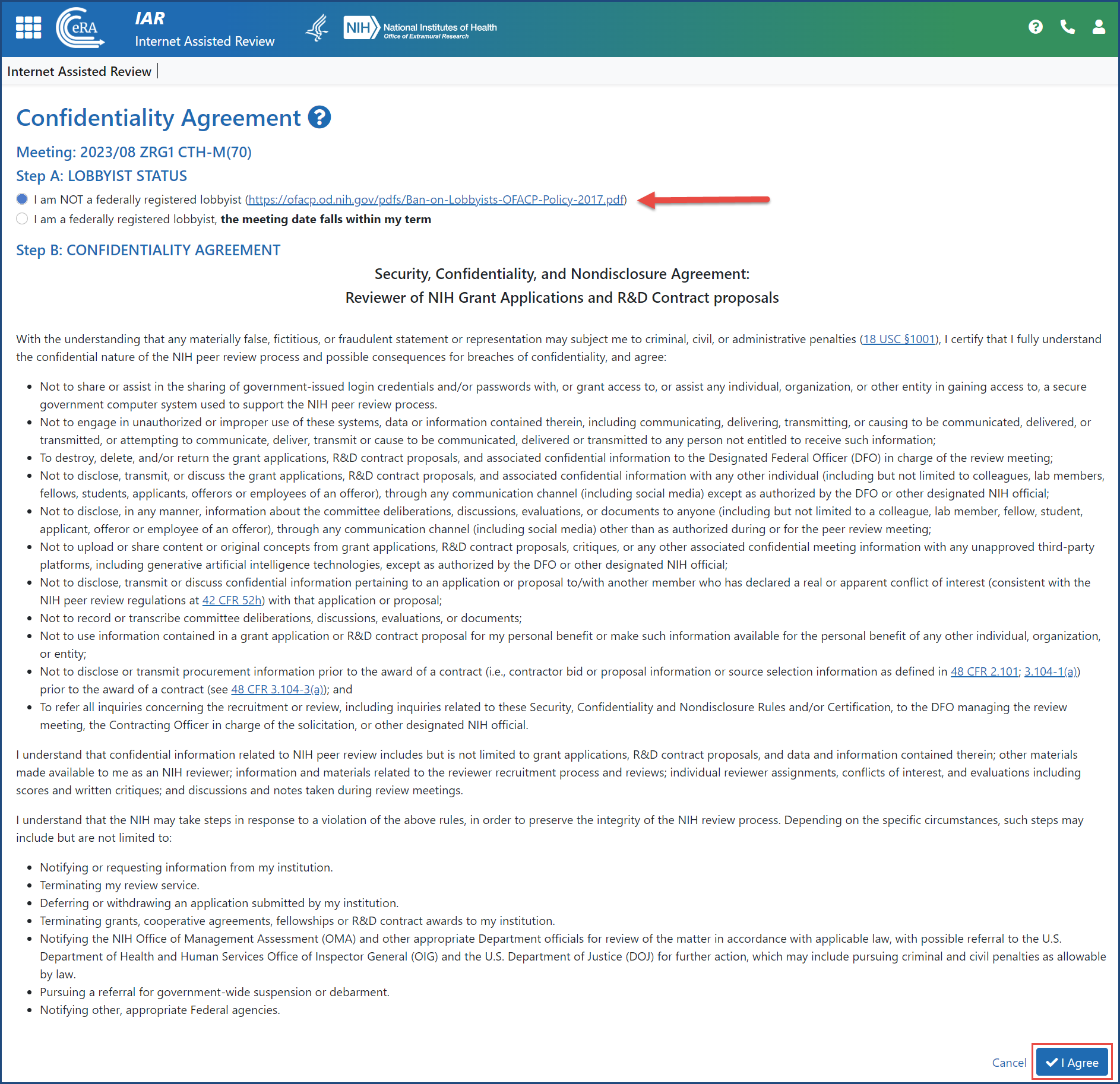 Figure 2: The Confidentiality Statement screen with radio button checked to indicate the reviewer is not a federally registered lobbyist.