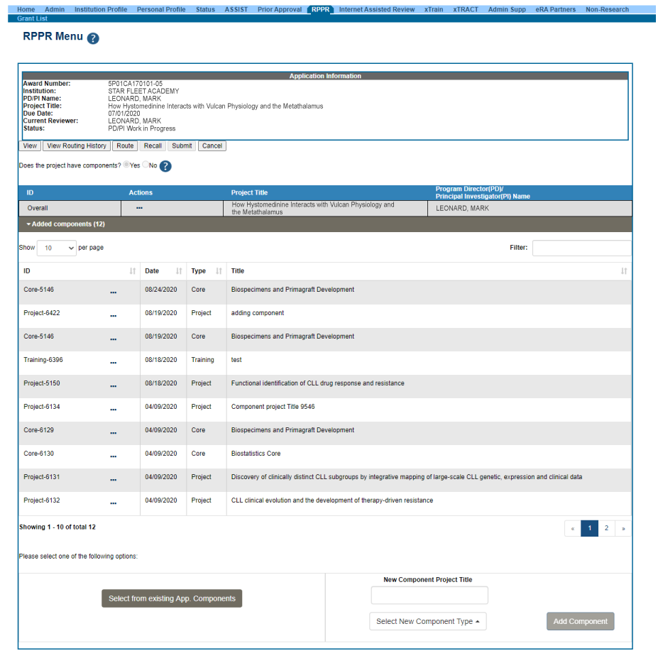 Figure 1: RPPR Menu Screen with Copy Component and New Component Options (click on the image to see full size)