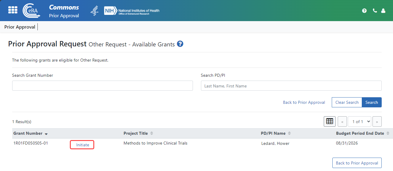 Figure 2: Click Initiate on the eligible award to initiate an Other Request type in  Prior Approval 