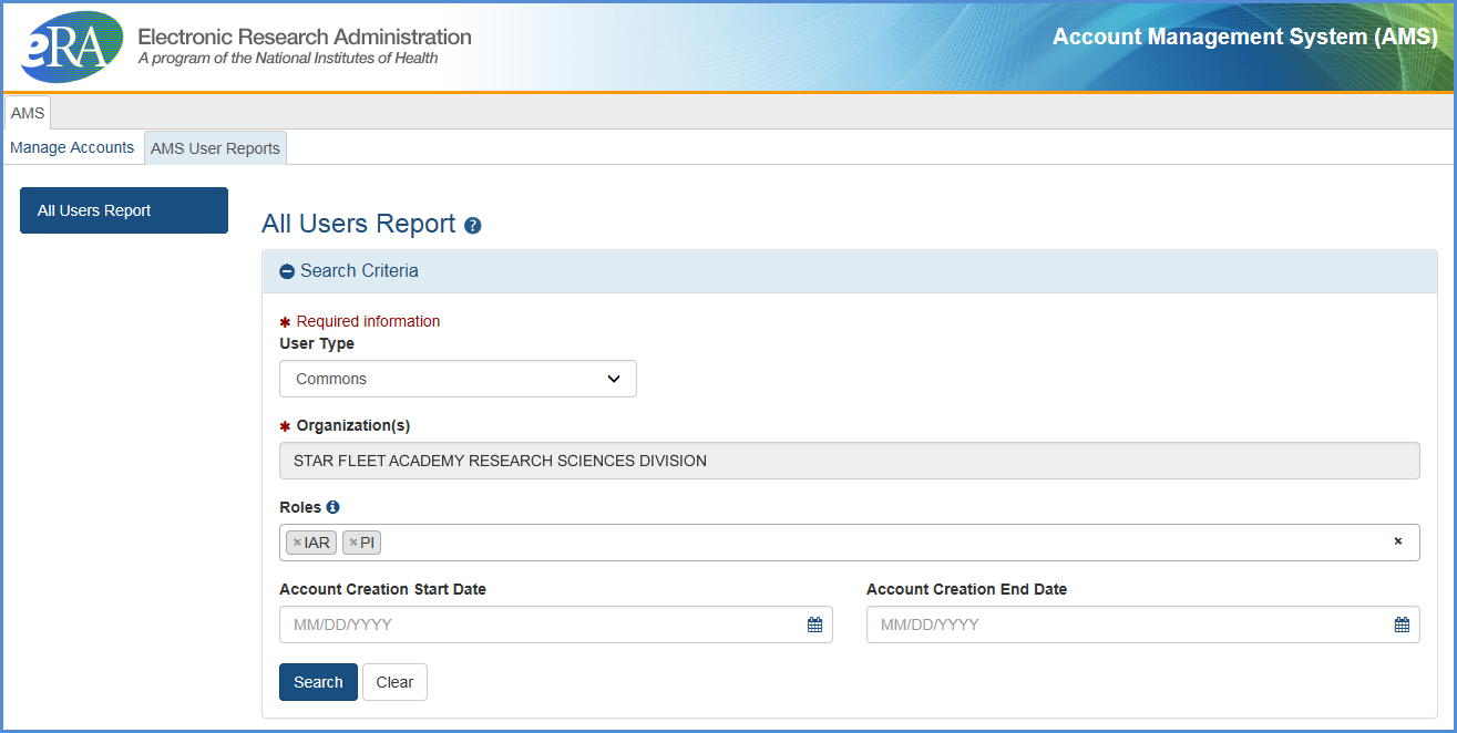 Account Management System All Users Report screen 