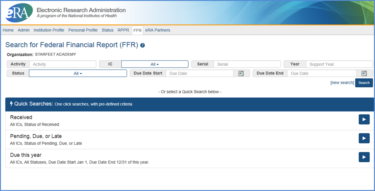 FFR Search Screen