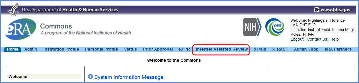 Navigation tab in eRA Commons for users with the IAR role.