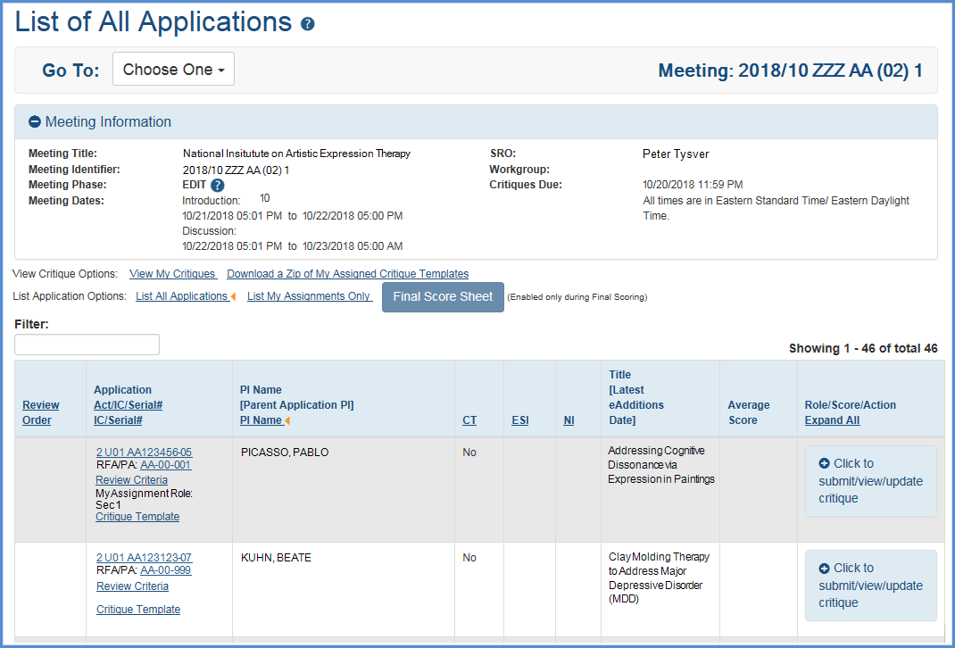 List of Applications screen in the IAR module. 