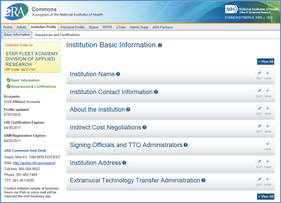 Institutional Profile (IPF) form showing the Institution Basic Information tab